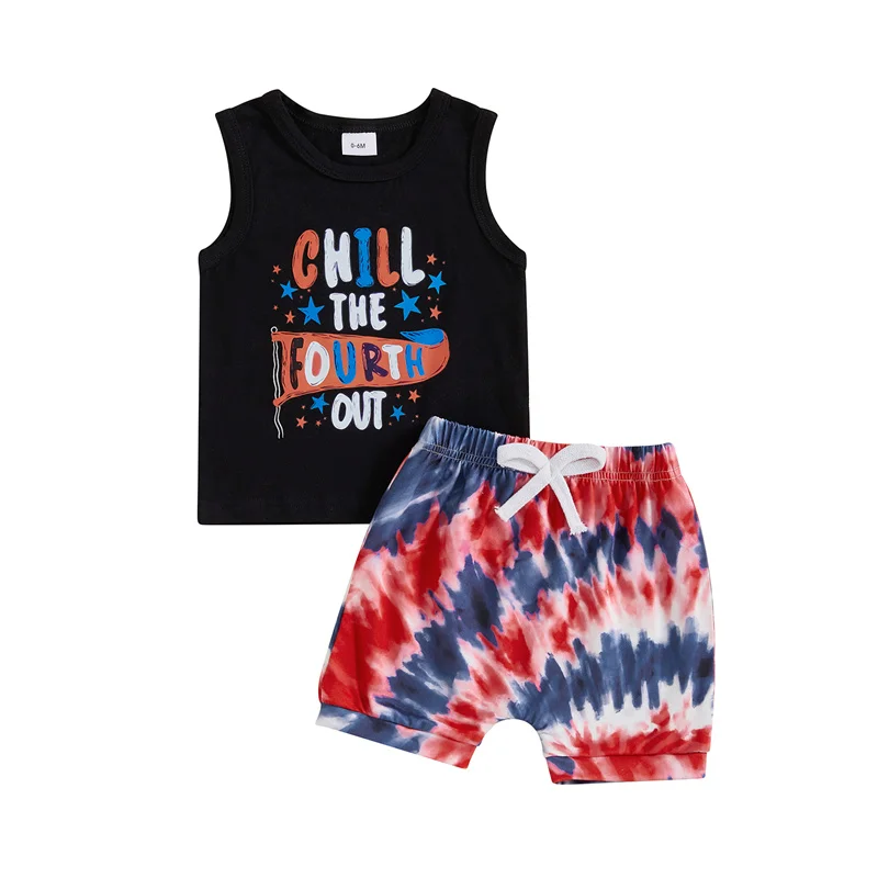 

Cathery Kids Baby Boys Independence Day Shorts Sets Sleeveless Letter Print Tank Tops Tie Dye Print Shorts Sets
