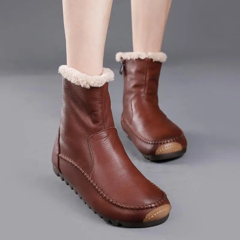 

New Leather Warm Wool Snow Boots Women Autumn Winter Retro Soft-soled Short Boots Stitching Round Head Thick Velvet Cotton Shoes