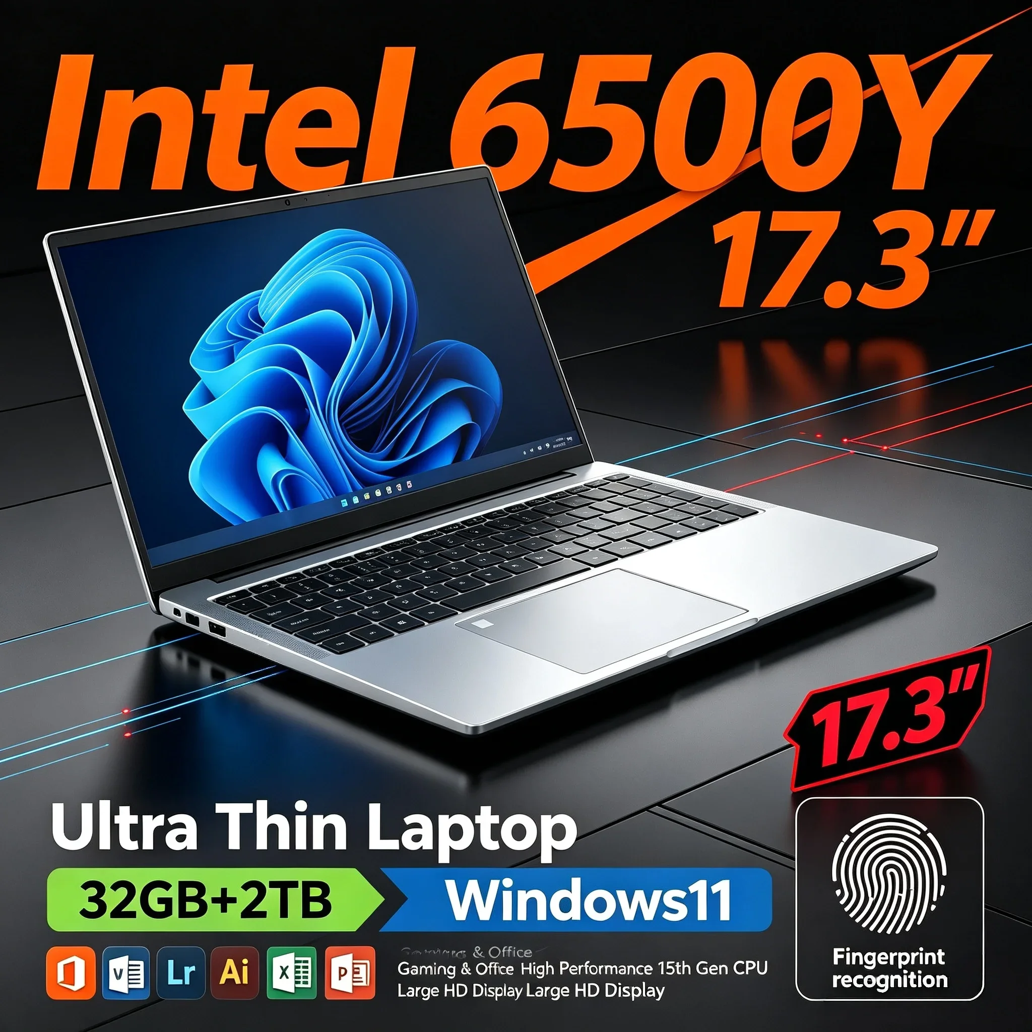 17.3‘’ Inch HD Big Screen Laptop Computer Intel 6500Y 32GB RAM 1TB 2TB SSD Windows11 WiFi6 BT5.2 Portable Notebook PC Office
