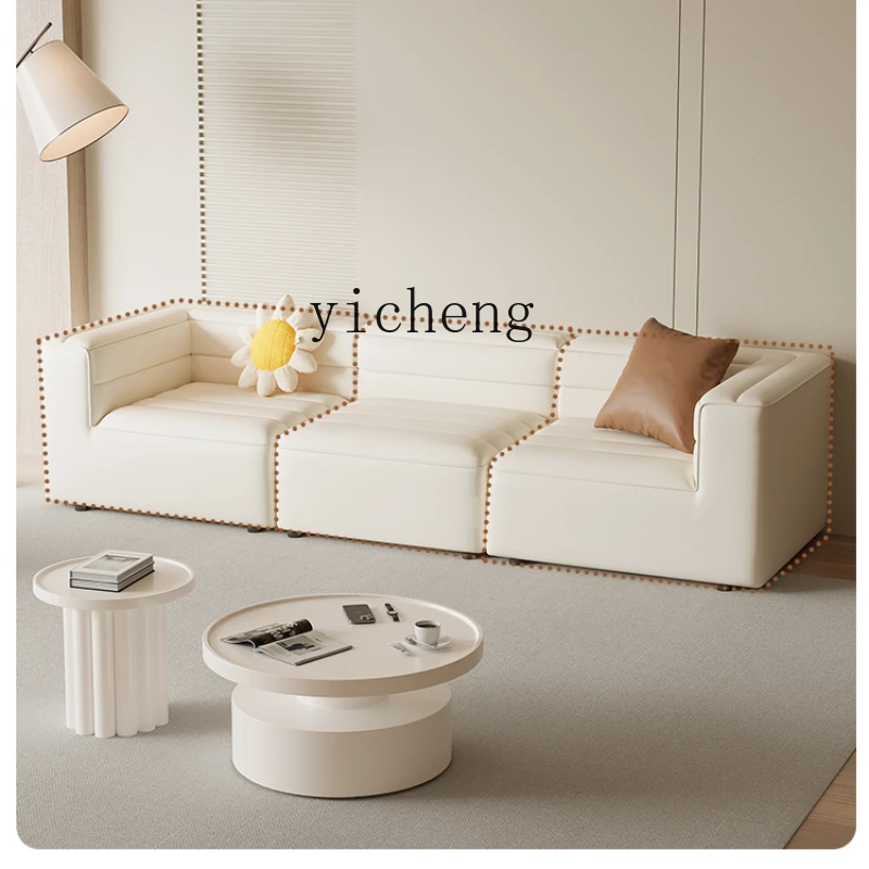 Tqh Cream Style Sofa Living Room Anti-Cat's Paw Leather Art Double Three-Seat Creative Straight Row