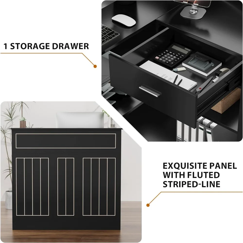 مكتب استقبال مع أرفف تخزين ودرج، مكتب أمامي حديث على شكل حرف L مع مخرج طاقة، طاولة طاولة استقبال للشيكو #5