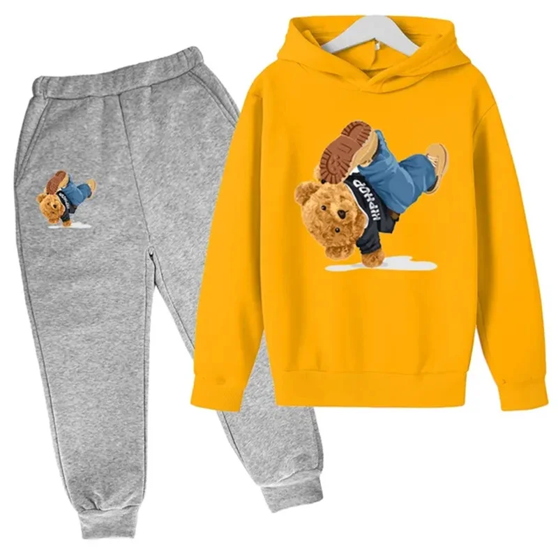 Kids Spring/Autumn/Winter Hoodie+Pants 2pcs Sets 3-14T Children\'s Street Dance Cartoon Bear Print Boys Girls Childre Tracksuits