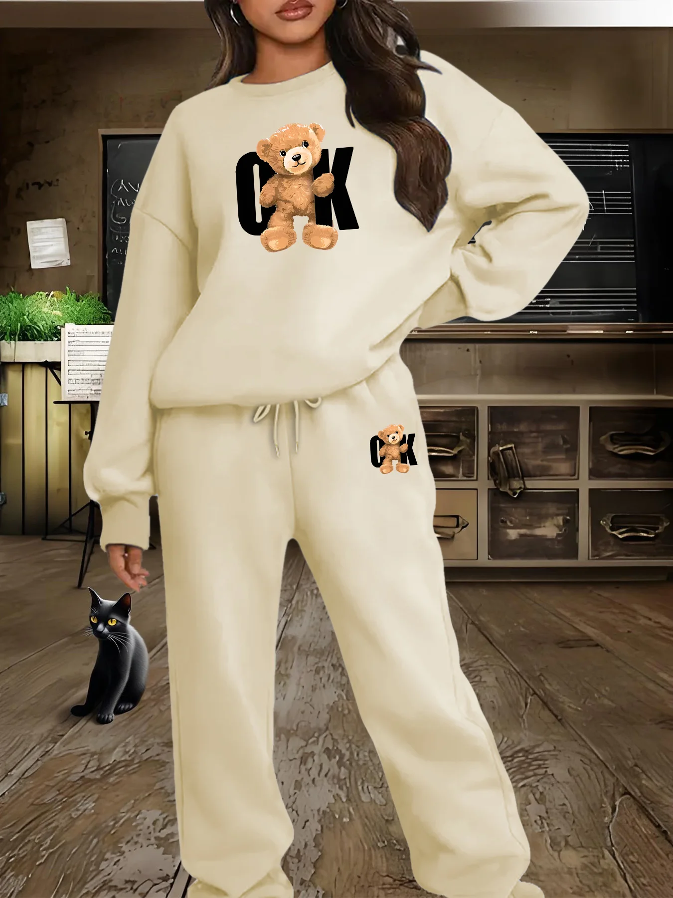 Sudadera de cuello redondo estampada a la moda urbana informal hip-hop de otoño e invierno para mujer + pantalones de chándal traje cálido