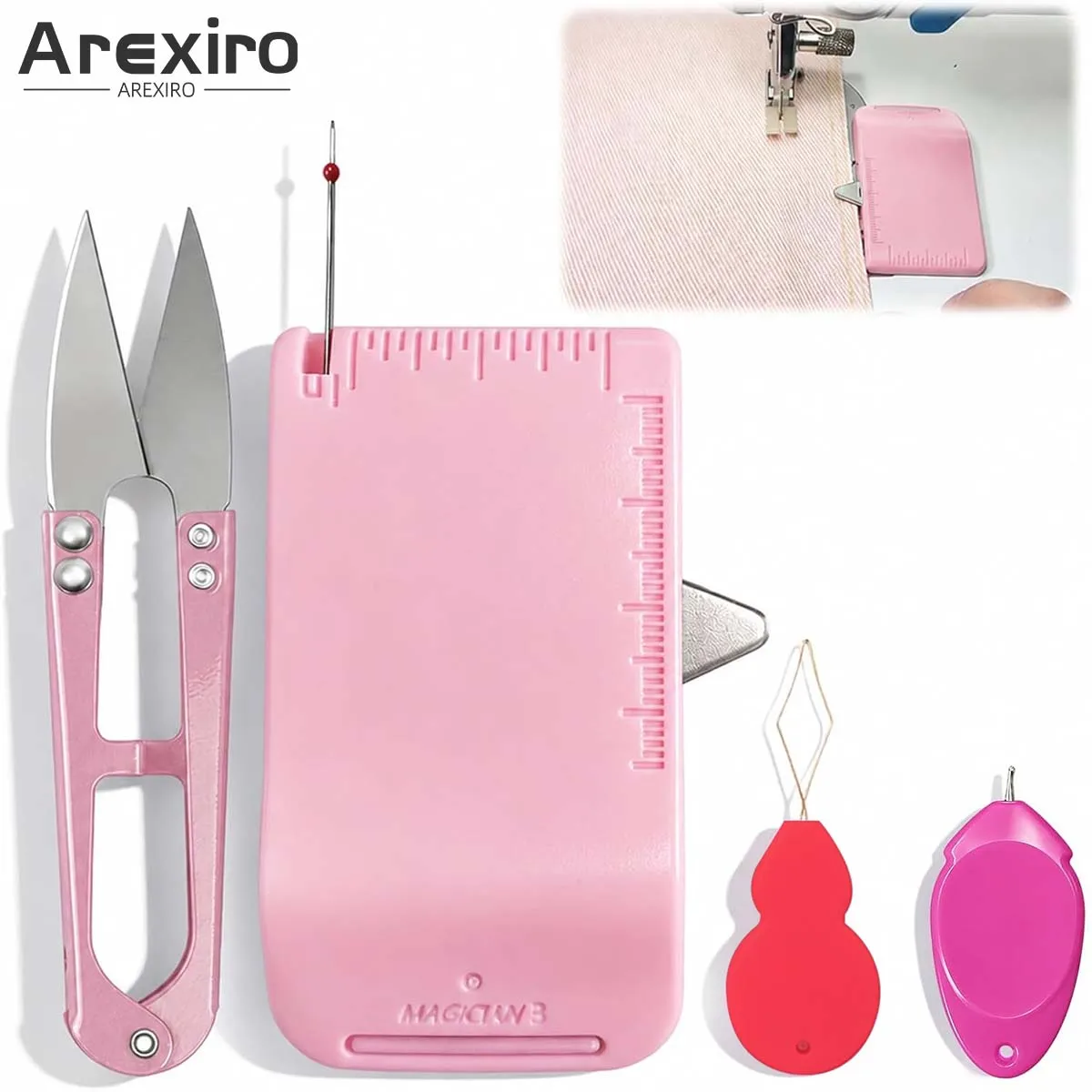 4Pcs Sewing Accessories Kit, Magnetic Seam Guide with Ruler, Embroidery Scissors & Dual Needle Threaders for Sewing Beginners
