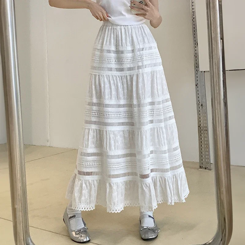 Embroidery Eyelet Cut-out Maxi Skirt White Cotton Semi Sheer Flowy Long Skirt Women Boho Summer Vacation Fairycore Outfit