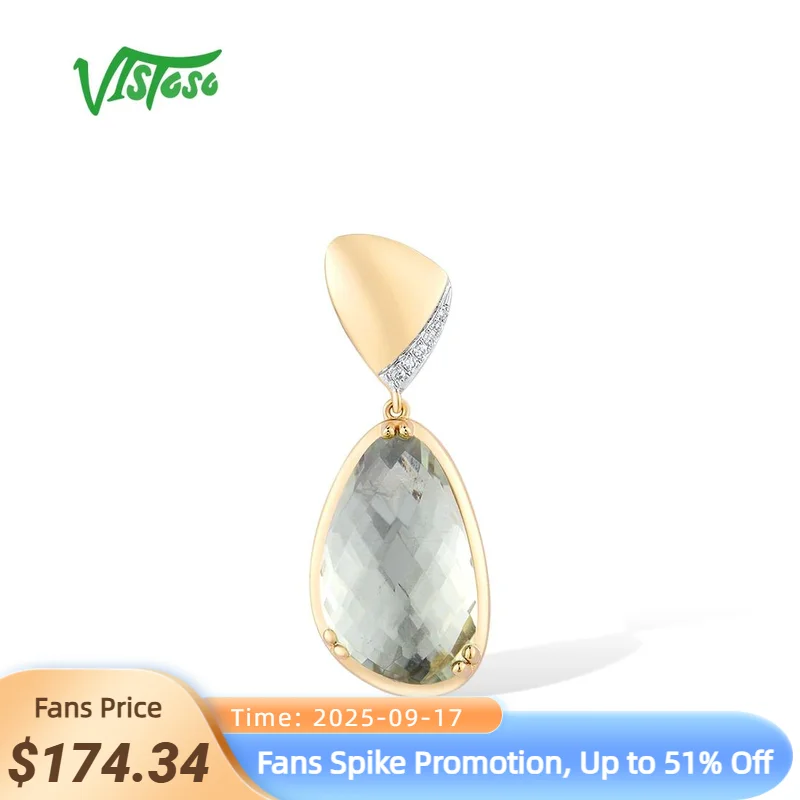

VISTOSO Pure 14K 585 Yellow Gold Pendant For Women Shiny Diamond Geometric Irregular Green Amethyst Anniversary Fine Jewelry