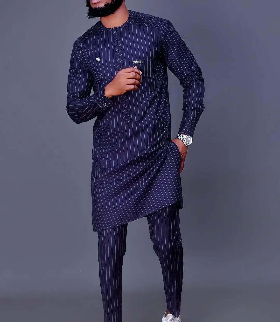 LIBIELIY Four Seasons New Fashion Men's 2 Pieces Sets Afirican Syle Ethinic Casual Solid Navy Clothes And Pants Muslim Men Cloth