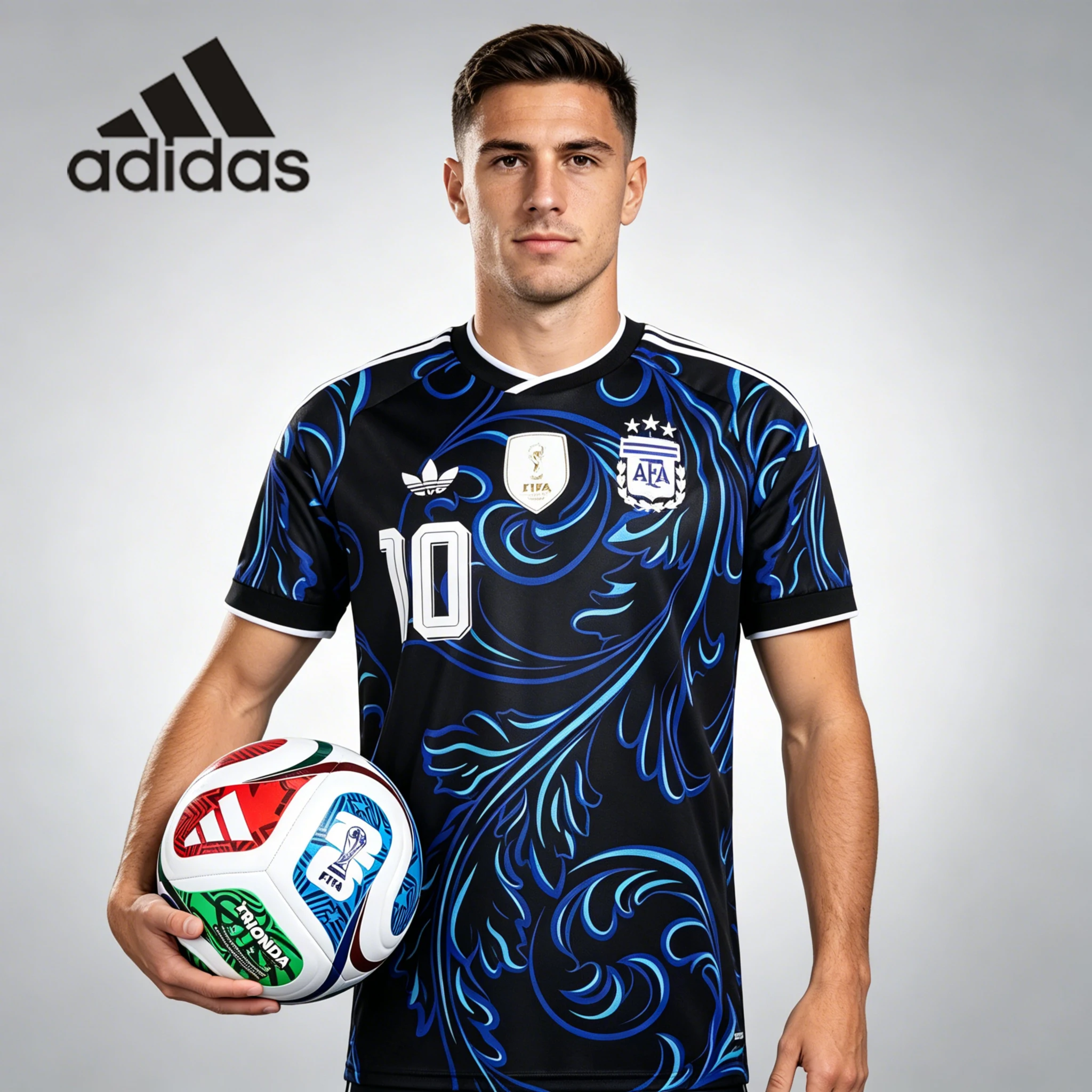 Adidas / Camiseta de Aficionado Unisex de Argentina Messi para la Copa Mundial 2026 + Balón de Fútbol de Entrenamiento Trionda FIFA Copa Mundial 2026 KH3940+JD8032