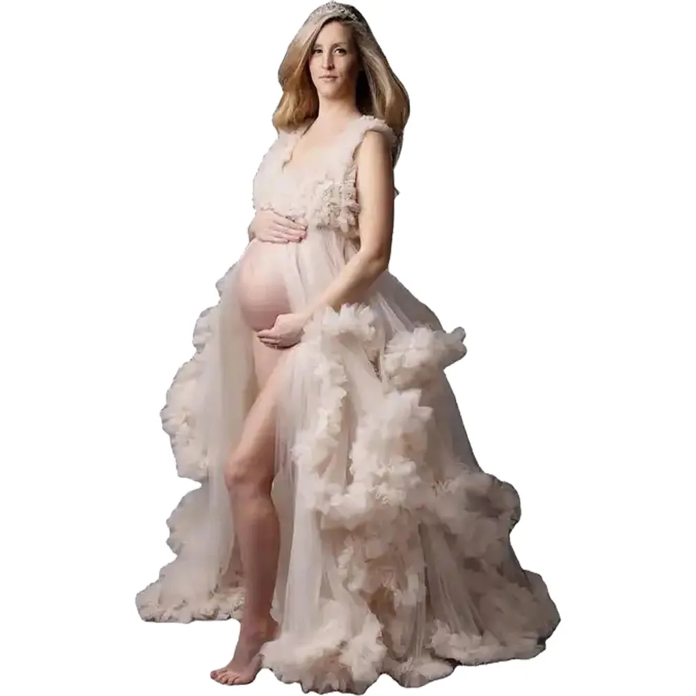 

Luxury Ruffles Maternity Gowns for Photo Shoot Tiered Skirts Women Maternity Dresses Front Slit Wrap Cape Bathrobe Sleepwear