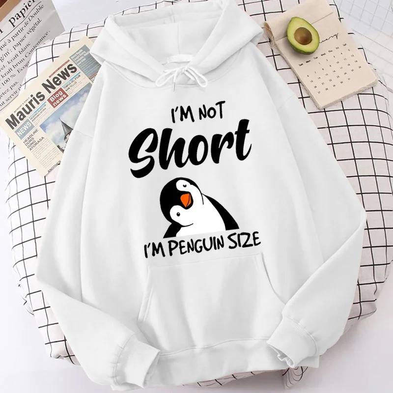 Popular Penguin I\'m Not Short Printing Hoodies For Women Autumn Winter Sweatshirt Fashion Hooded Pullover Ladies Streetwear