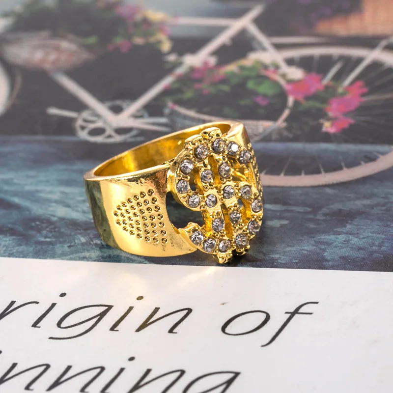 Megin D Yellow Gold Plated US Dollar Money Rich Symbol Luxury Zircon Vintage Punk Hip Hop Ring for Men Women Gift Couple Jewelry