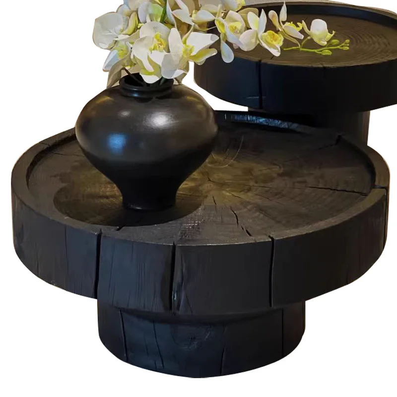 Black carbonized wooden pier coffee table log tree stump solid wood creative homestay wooden pile designer japanese style round