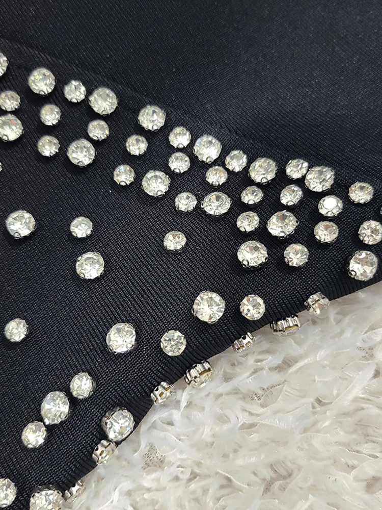 Sexy Halter Neck Diamonds Bandage Long Dress Women Black Sleeveless Crystal Beaded Bodycon Dresses Evening Party Gowns