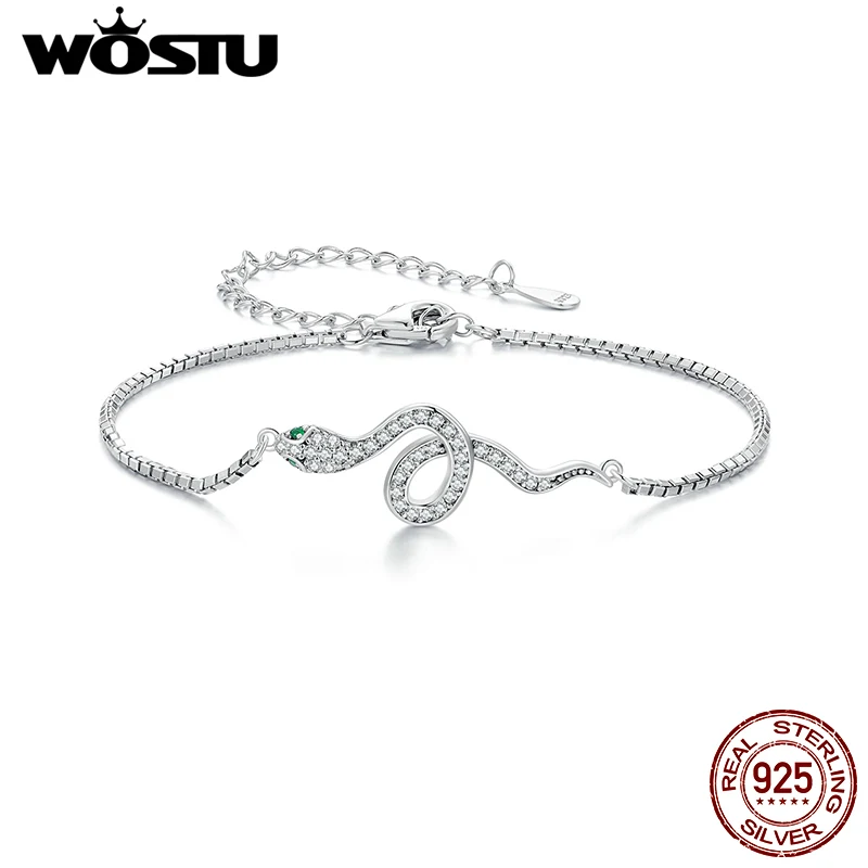 WOSTU 925 Sterling Silver Snake Style Box Chain Bracelets Women Shiny CZ Animal Adjustable Links Wrist Girl Party Jewelry Gift