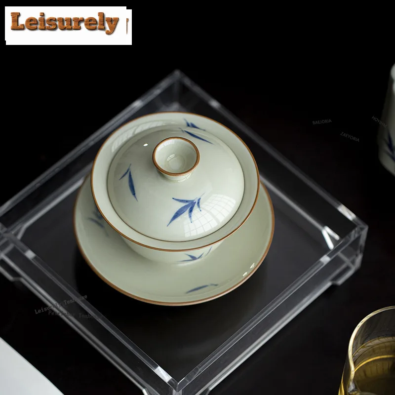 HOYIHM 150ml Antique Clay Gaiwan Elegant Hand-painted Bamboo Three Talents Tea Tureen Tea Brewing Cover Bowl Teaset Tableware