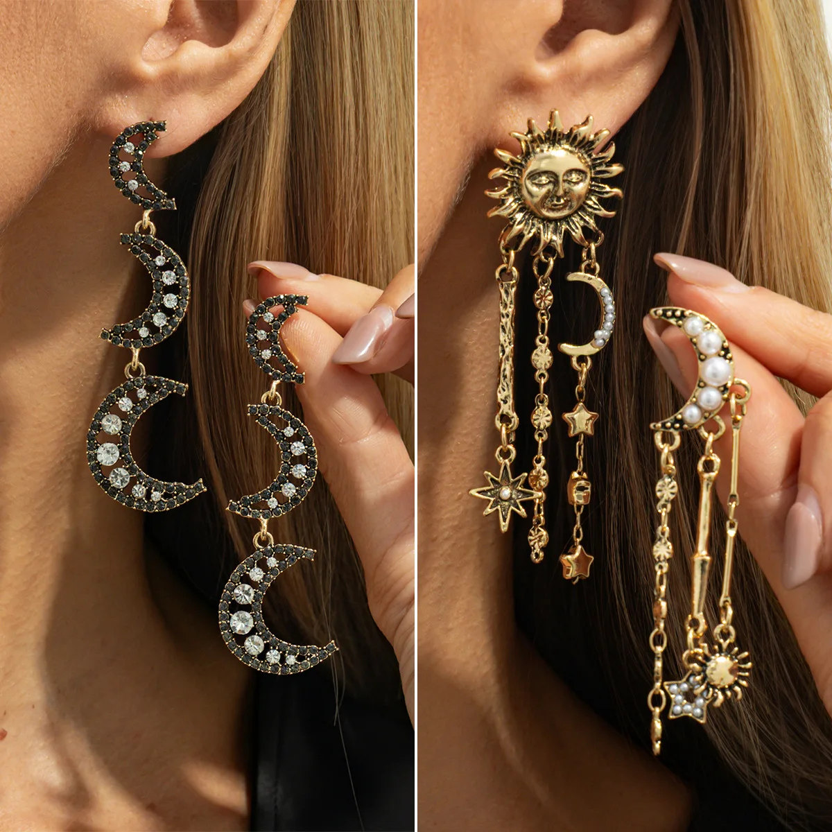 Earrings Long Tassel Sun Star Moon Ethnic Micro Pave Pearl Bohemian for Women Vacation Party Durable Alloy Gold Tone