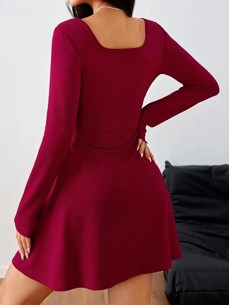 2025 الخريف الصلبة ساحة الرقبة Bodycon فستان المرأة حفلة ضيقة فساتين قصيرة الجنية السيدات مثير الأحمر نادي فستان قصير #6