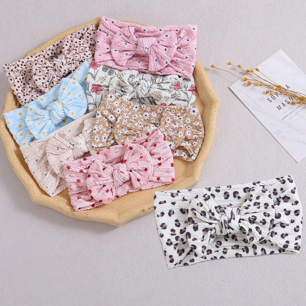 2022 New Printed Cable Knit Baby Headband, Patterned Knot Bow Nylon Turban Head Wrap Newborn Shower Gift Girls Hair Accessories