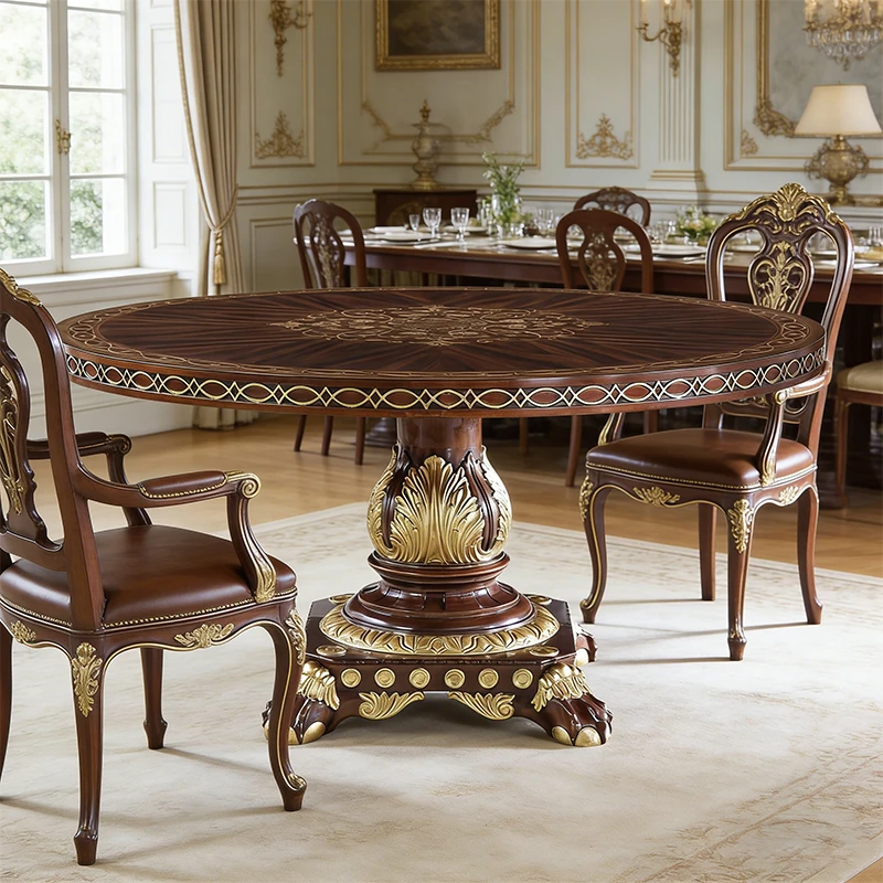 !@Royal Antique Peach Core Solid Wood American Exquisite Engraving  With Gold Foil Hotel/Villa  Round Dining Table