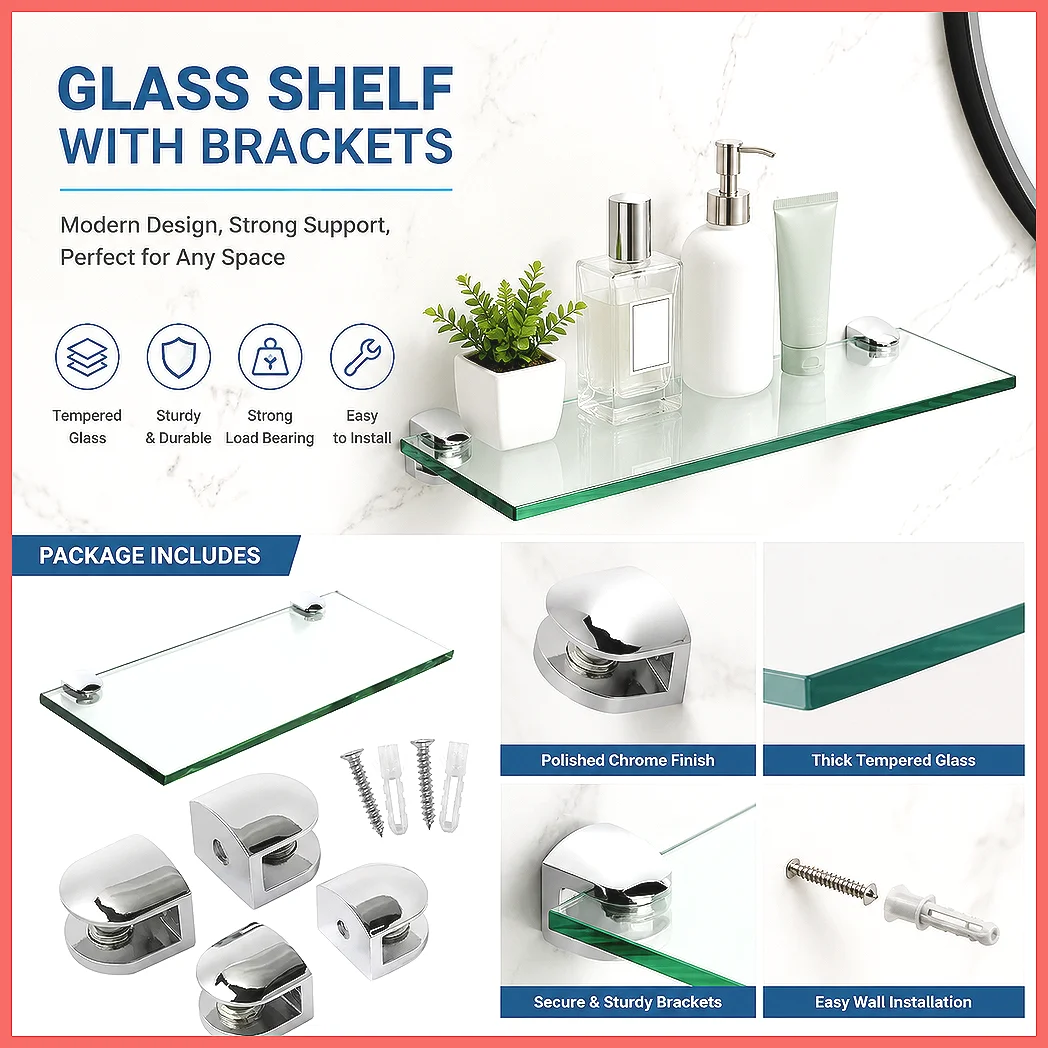 2/4/8pcs Adjustable Zinc Alloy Glass Clip Shelf Bracket Holder Flat Back Mount Clamp for Staircase Handrail Railing