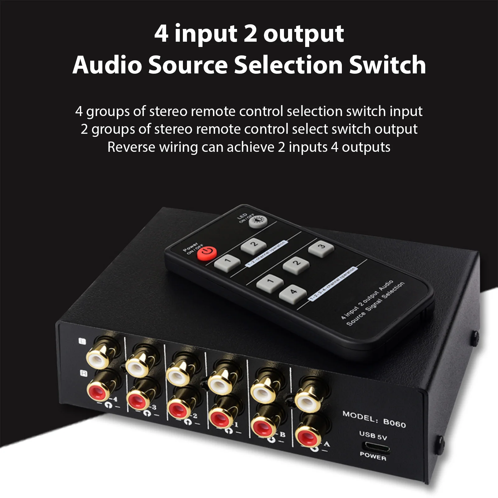 

LYNEPAUAIO RCA Audio Video Switcher Selector 4 in 2 Out Or 2 in 4 Out Audio Frequency Signal Select Shift Device for TV Audio