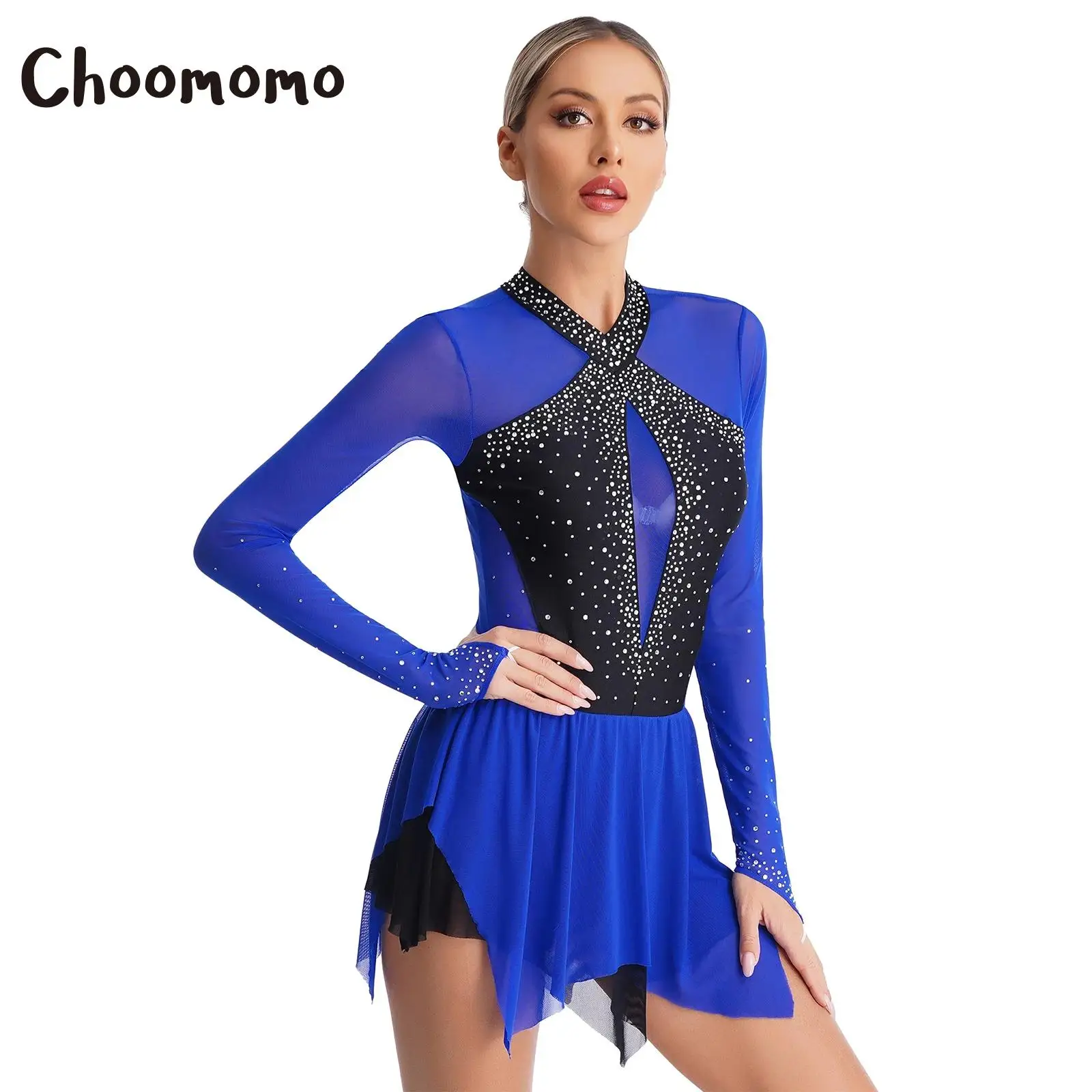 

Ballet Gymnastics Dress Rhinestones Lyrical Figure Skating Contemporary Dancewear for Women Keyhole Back Irregular Hem Leotard