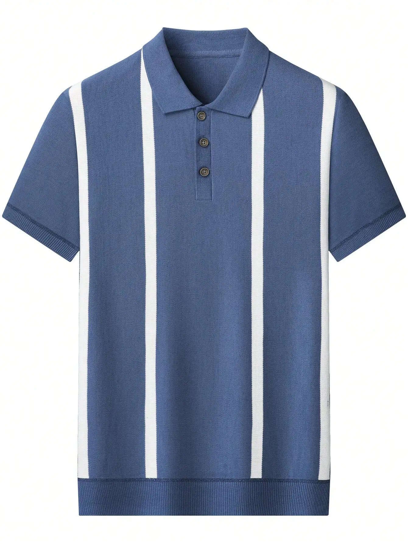 

Men's Short Sleeve Knitted Striped Polo Shirt - Blue with White Vertical Stripes, Casual Summer Wear