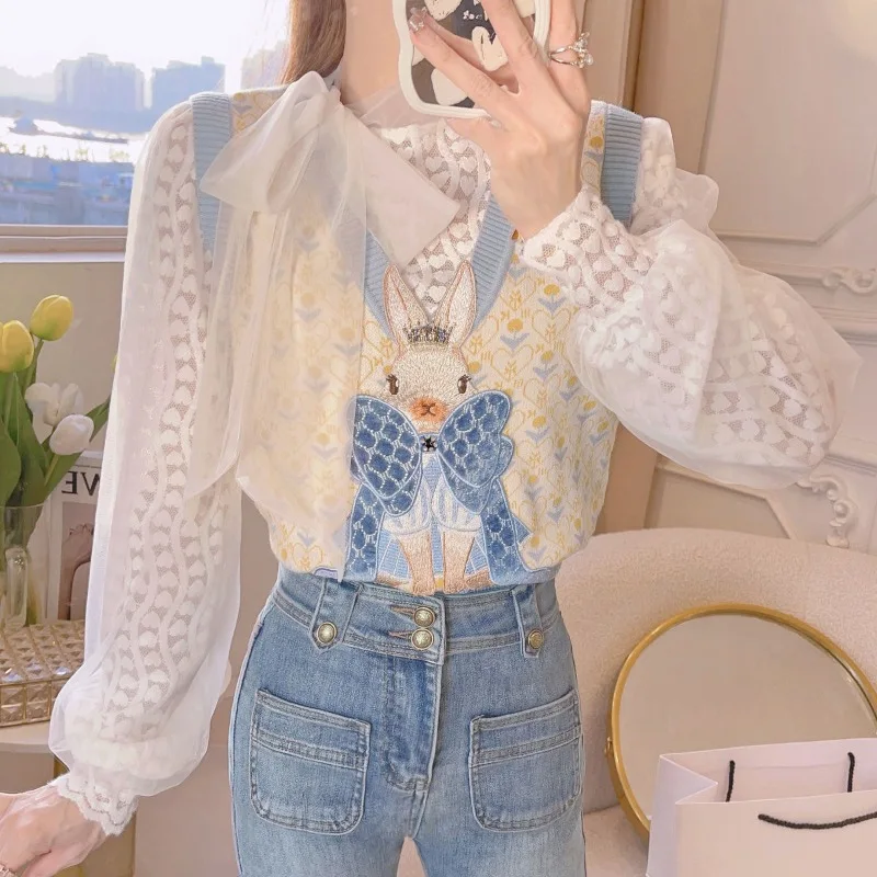 Kimotimo Vintage Rabbit Embroidery Print Knit Vest Women 2024 Autumn Winter V Neck Overlap Slim Sweater Fashion Outwear Pullover