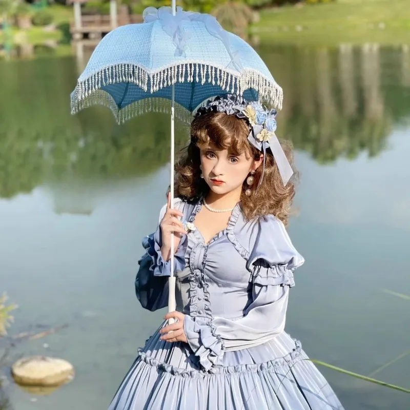 Light Tassel Lace Lolita Parasol Long Handle Princess Sun Umbrella Gothic Wedding Photography Prop