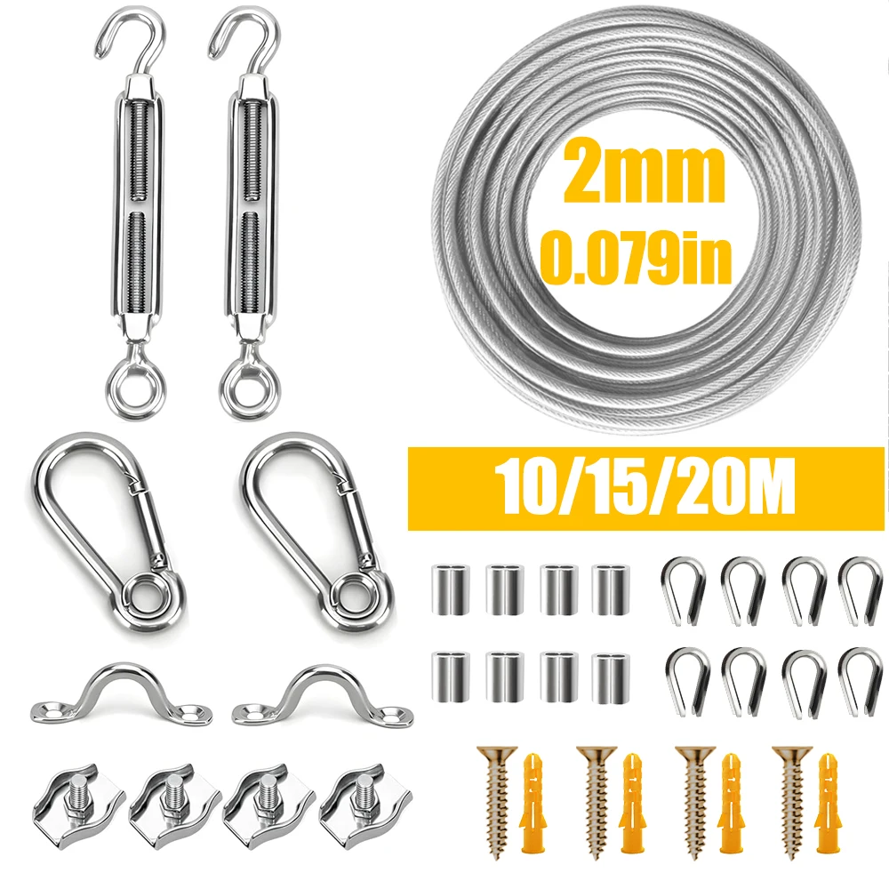 35 Pieces/Set 2mm Stainless Steel Wire Rope Kit with Hook PVC Coating for Guardrail Rope Camping Fixed Camping Clothes 10/15/20M