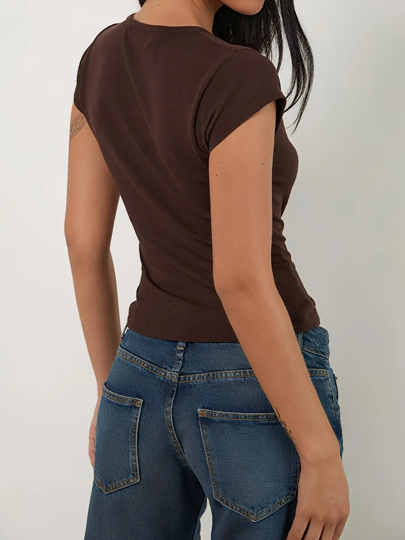 Ladies Solid Color Button Front Short Sleeve T-Shirt Casual Round Neck Top Versatile Daily Wear Stackable Women's Fashion