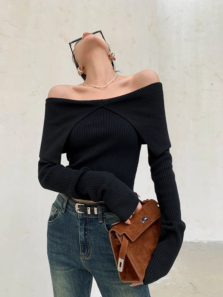 Sexy One Shoulder Short Knit Pullovers Women Spring Fall Slim Long Sleeve Sweater Tops 3 Colors