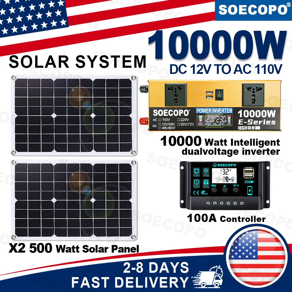 (US Stock) 10000W Peak Solar Generator Kit 1000W Photovoltaic System (2x500W Panels) Inverter 12V 110V 100A Controller Home