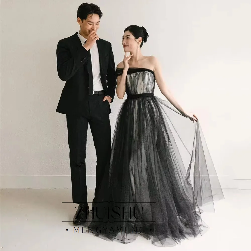 Fairy Black Tulle Evening Dress Adjustable Shawl Korea Wedding Photo Shoot Floor Length Formal Party Dresses Customized 2026
