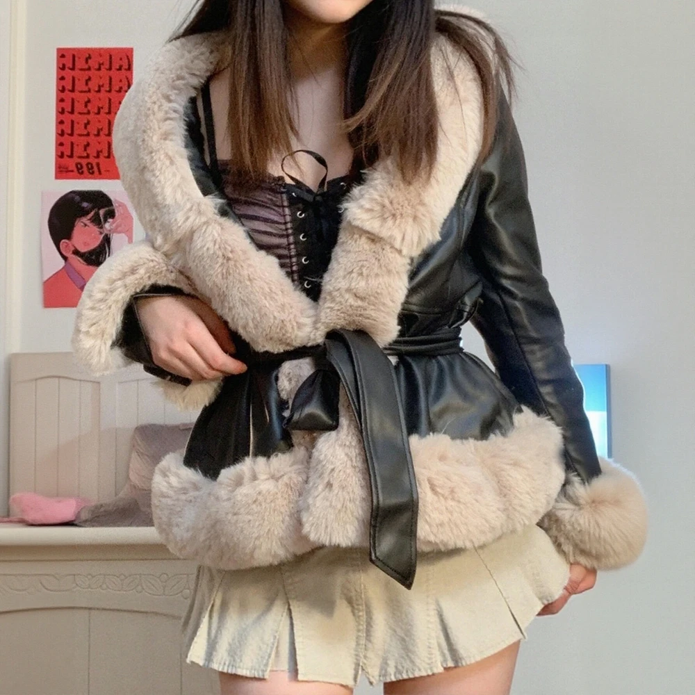 

Женская повседневная куртка с длинным рукавом, модная однотонная меховая куртка с открытой передней частью на шнуровке, осенняя повседневная базовая уличная одежда