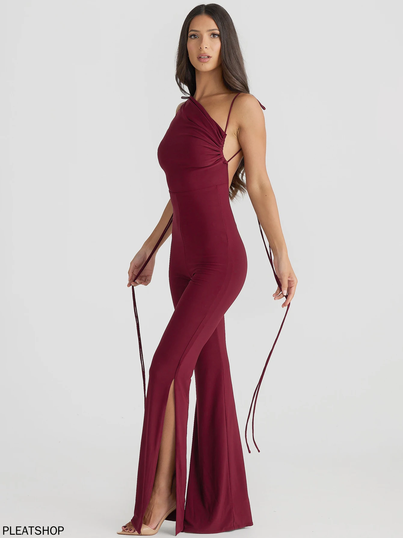 เซ็กซี่Backless PlaysuitsแขนกุดHalter Lace Upไม่สม่ําเสมอแยกยาวกางเกงJumpsuit Lady Party Club Drop Shipping Y2K