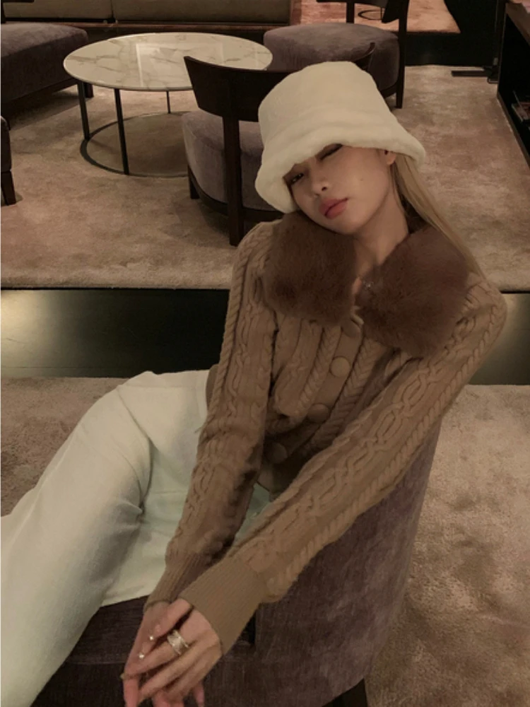 Winter Vintage Knitted Sweater Women Korean Fashion Fur Slim Cardigan Female Long Sleeve Casual Warm Y2K Short Sweater Coat 2024