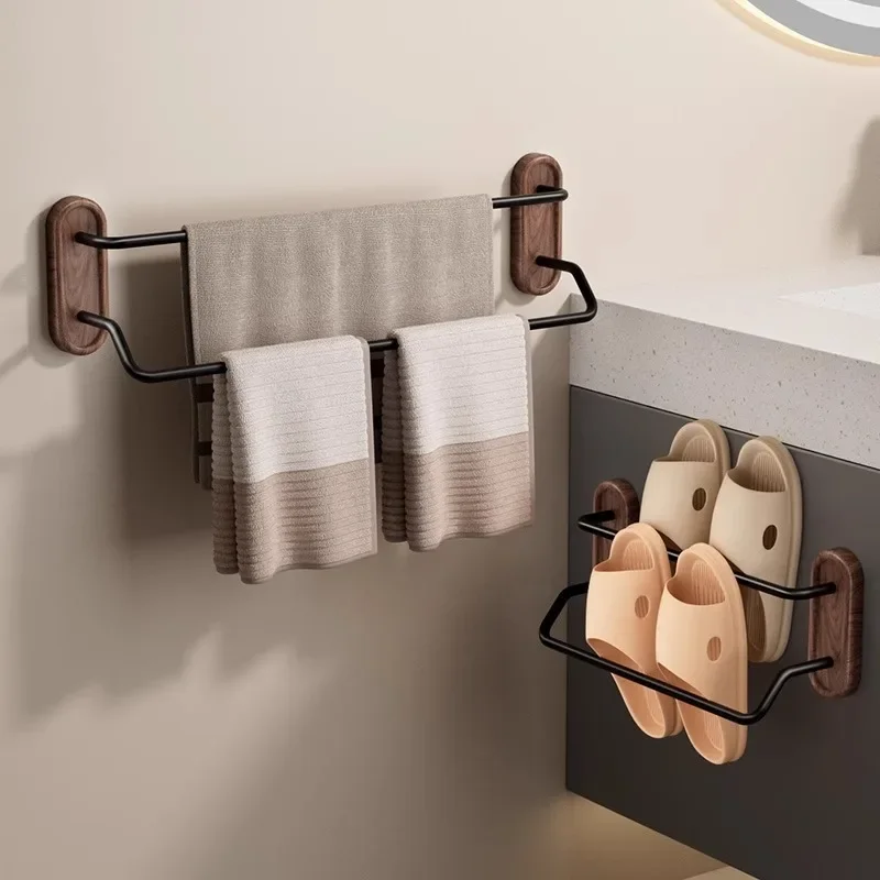 Walnut Wood Towel Rack No-Drill Wall-Mounted Bathroom Towel Rail Toilet Towel Holder Bathroom Storage Rack