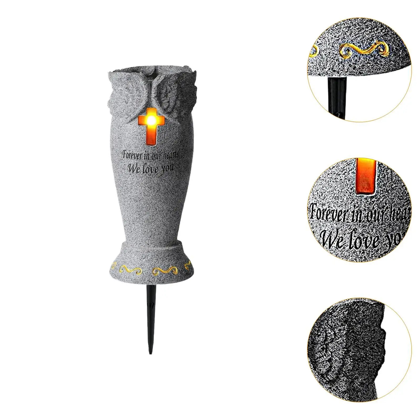 Grave Flower Vase Solar LED Resin Headstones Vase for Cemetery Memorial Outdoor Remembrance Decoration with Stake