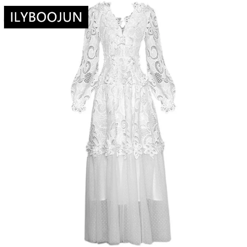 

Fashion Runway Jacquard Spring Women Dress Splicing Lace Hollow Out Lantern Sleeve Flower Printing Party Dress