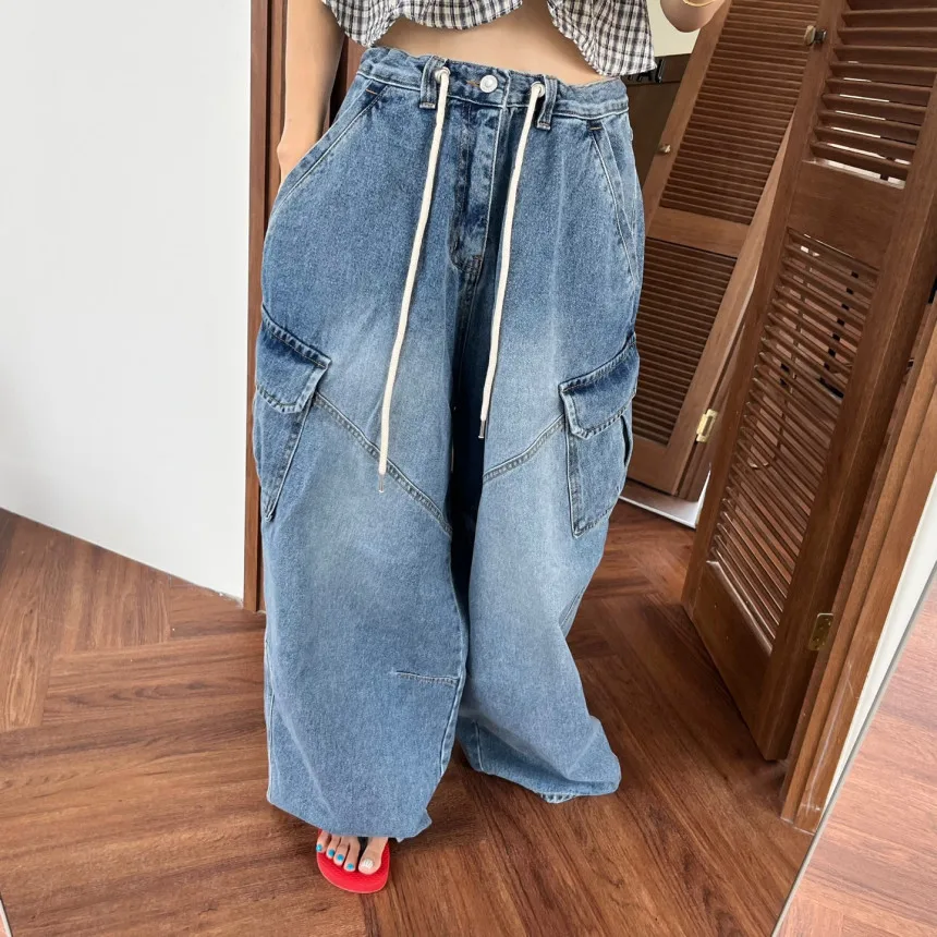 Washed Scimitar Denim Trousers with Drawstring Ties and Cargo Pockets