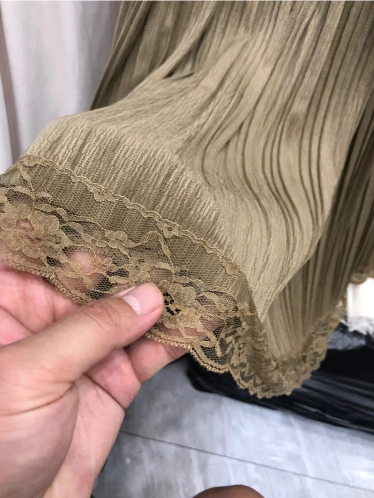 女性の秋冬レースパッチワークベルベットミディスカート女性のエレガントカジュアルハイウエストソリッドカラーAラインファルダス