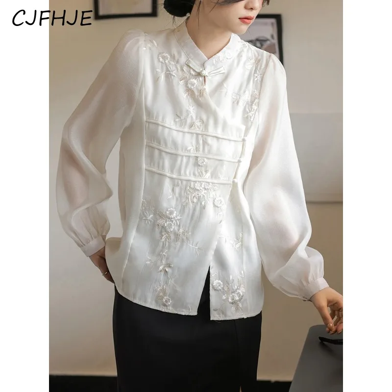 CJFHJE New Chinese Style Soft Organza Long Sleeve Casual Buttons Shirts Women Fashion Elegant Embroidered Floral Blouse Office