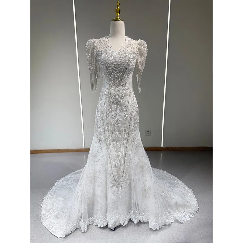 

Fashion Wedding Dresses V-Neck Vestidos De Novia Court Train Appliques Half Sleeve Robe De Mariée Custom-Made