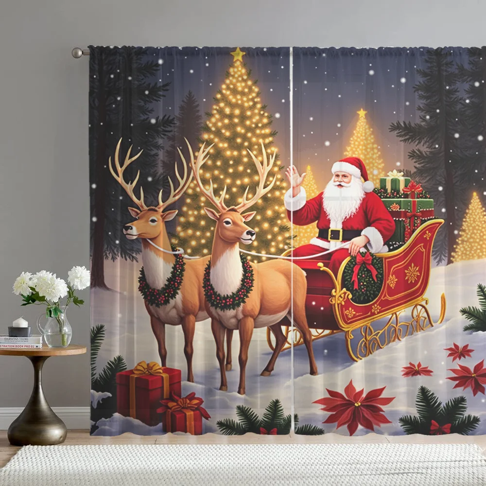2pcs Christmas Sheer Curtains with Santa'S Sleigh & Reindeer Print - Modern Art Style Light Filtering Privacy, Cordless Rod Pock