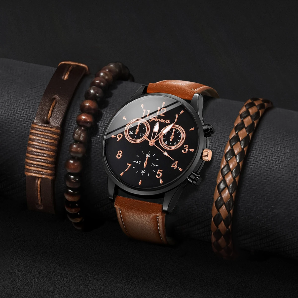4PCS/Set Fashion Men Watches Casual Leather Band Male's Quartz Watch Reloj Hombre Clock Gift Bracelets Set（Without Box）