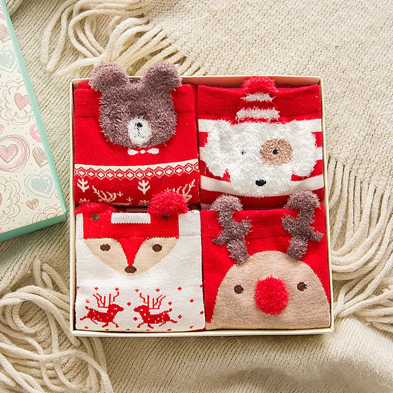 4 paia/lotto calzini di natale Casual cartone animato animale calzini da donna cotone felice anno nuovo babbo natale calzini regalo di natale per le