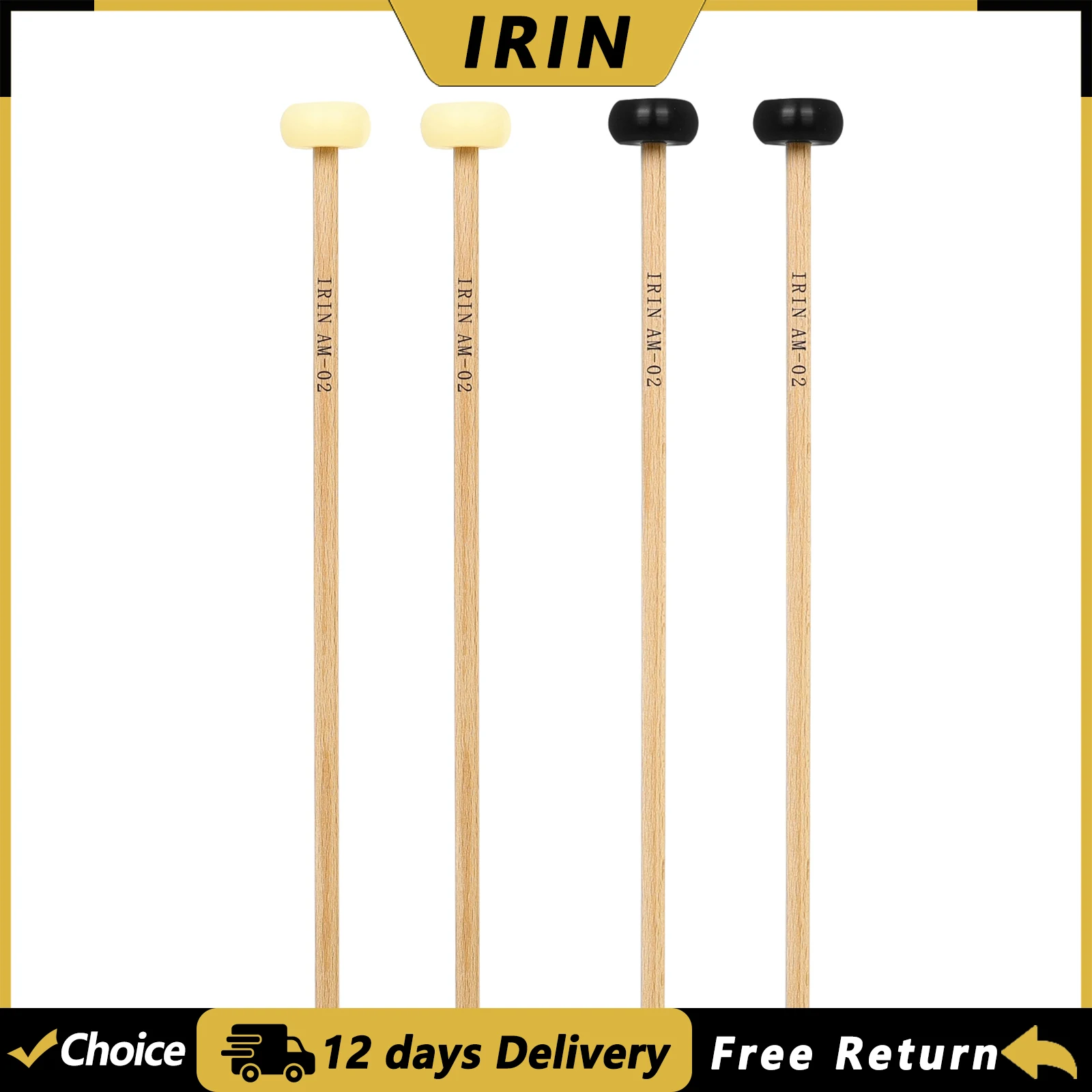 Baquetas IRIN AM-02 con Cabezas de Nylon y Madera Sólida para Tambores Militares/Tambores de Marcha/Marimba/Timpani