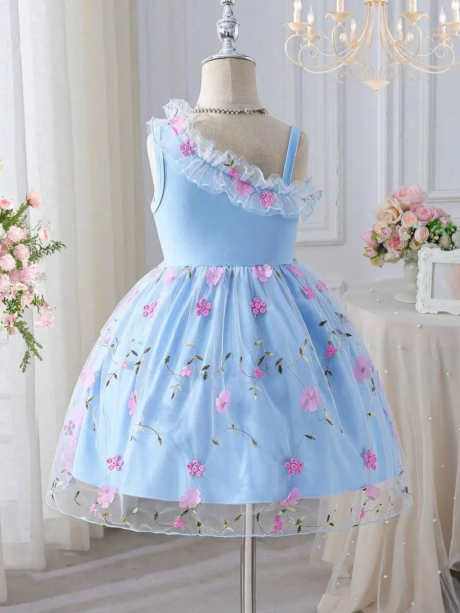 

Elegant One-Shoulder Ruffle Floral Embroidered Tulle A-Line Evening Dress