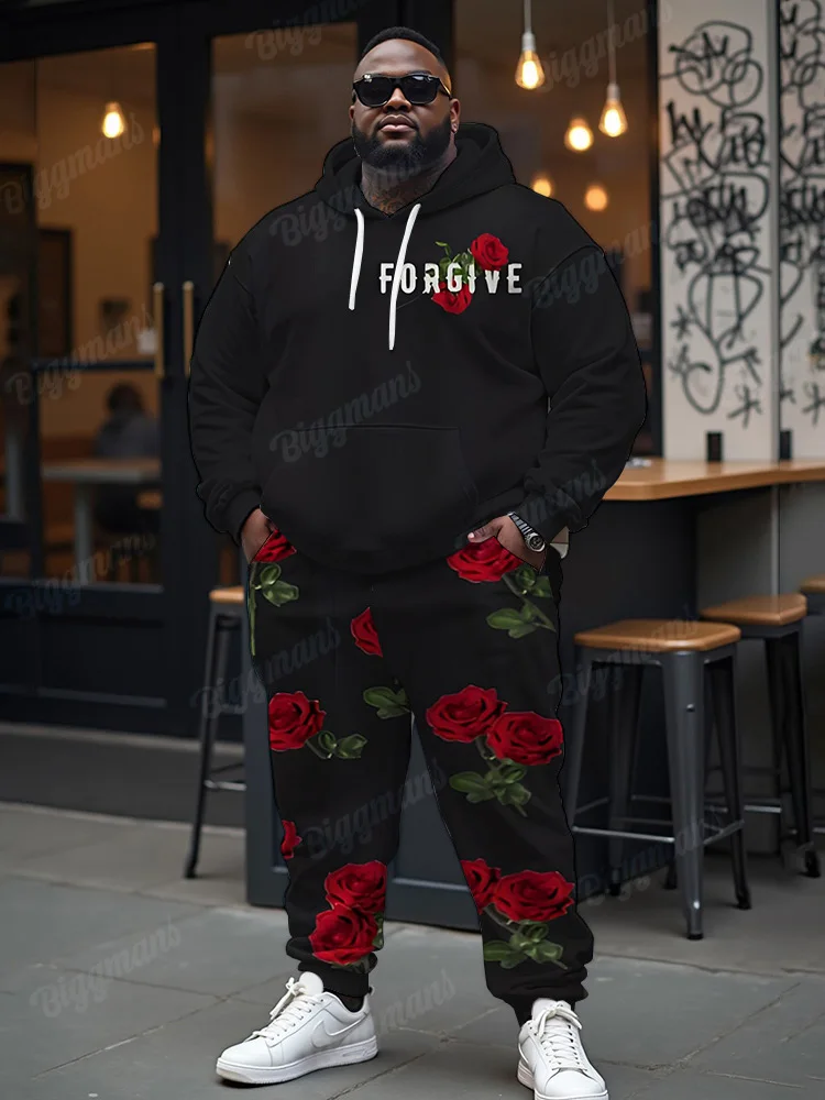 Biggmans Letter Print Plus Size Rose Hoodie Suit Mens Daily Casual Thick Long Pants Outfits Male Pockets Trouser Two Piece Set